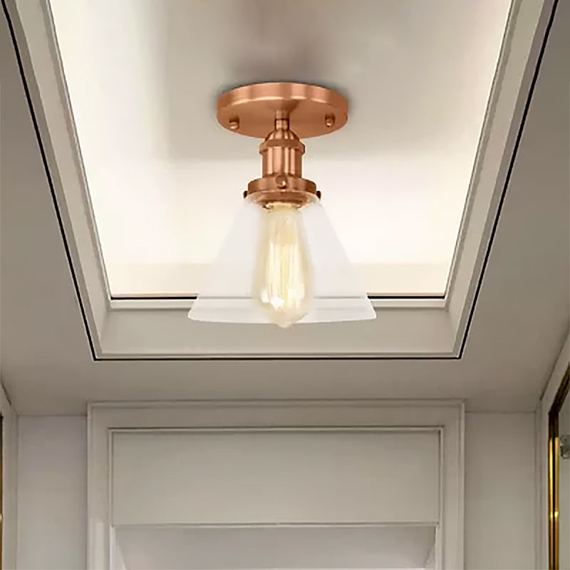 Single Bulb Semi-Flush Mount Industrial Conical Clear Glass Ceiling Light in Black / Brass / Copper