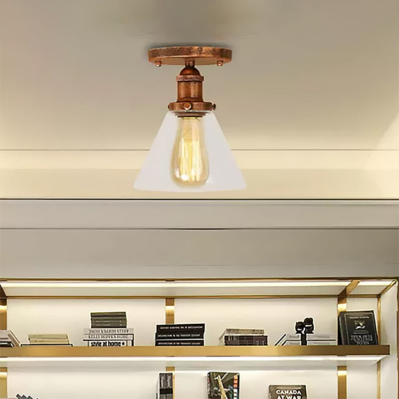 Single Bulb Semi-Flush Mount Industrial Conical Clear Glass Ceiling Light in Black / Brass / Copper