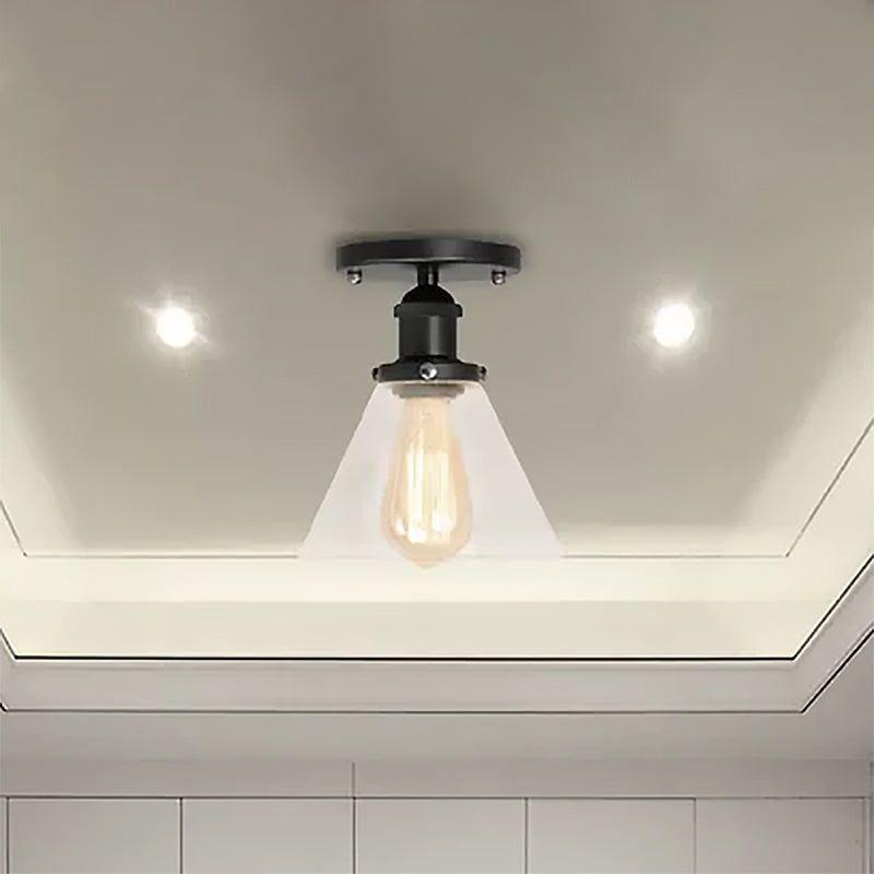 Single Bulb Semi-Flush Mount Industrial Conical Clear Glass Ceiling Light in Black / Brass / Copper
