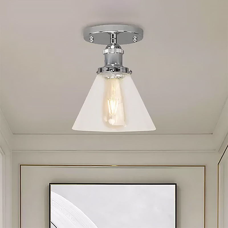 Single Bulb Semi-Flush Mount Industrial Conical Clear Glass Ceiling Light in Black / Brass / Copper