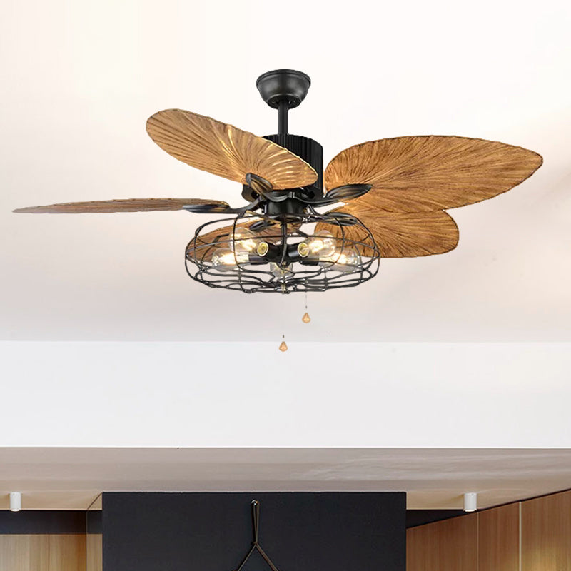 Classical Cage Style Semi Flush Mount Metal 4 Lights Ceiling Fan with Crystal Pendants in Black