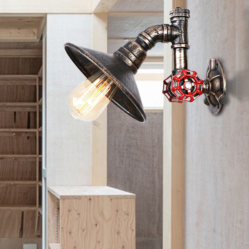 Metallic Flared Shade Wall Sconce Lighting with Pipe and Valve Rustic 1 Light Corridor Wall Lamp in Aged Bronze