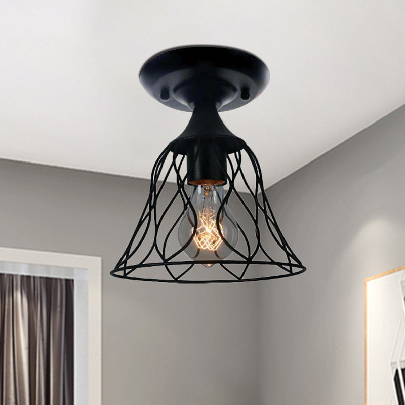 1 Bulb Ceiling Lighting Antique Bell Cage Shade Metallic Semi Flush Pendant Light in Black for Bedroom