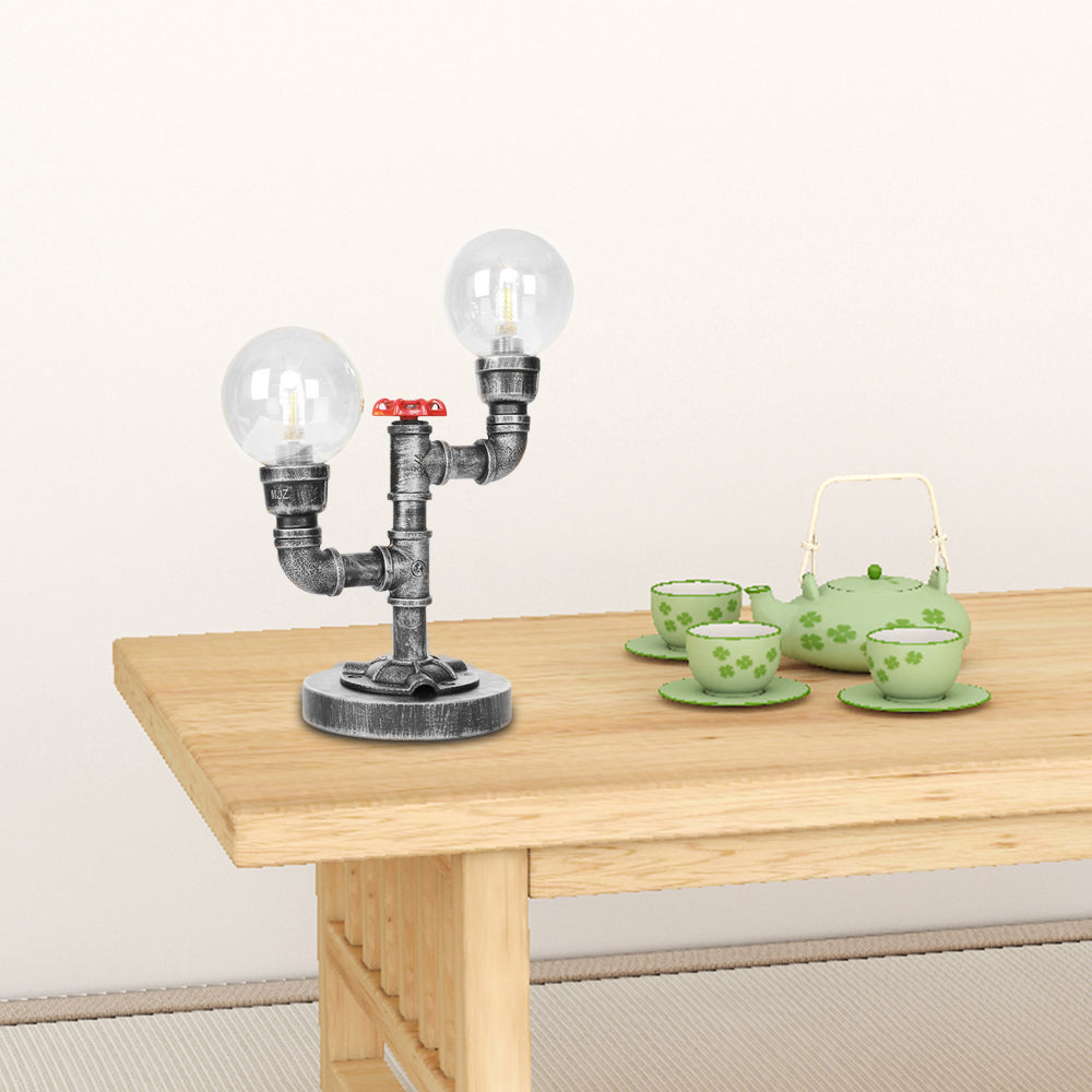 Lámpara de escritorio de 2 luces Sombra redonda industrial de sombra transparente/iluminación de mesa de vidrio ámbar en plata antigua