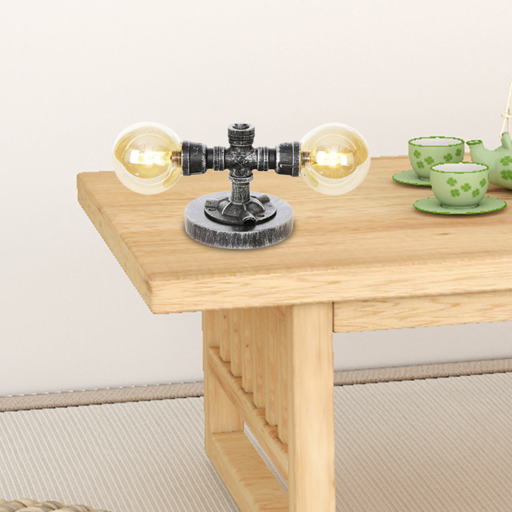 Lámpara de mesa industrial con pantalla redonda, 2 luces, luz de escritorio de vidrio transparente/ámbar en plata antigua con base
