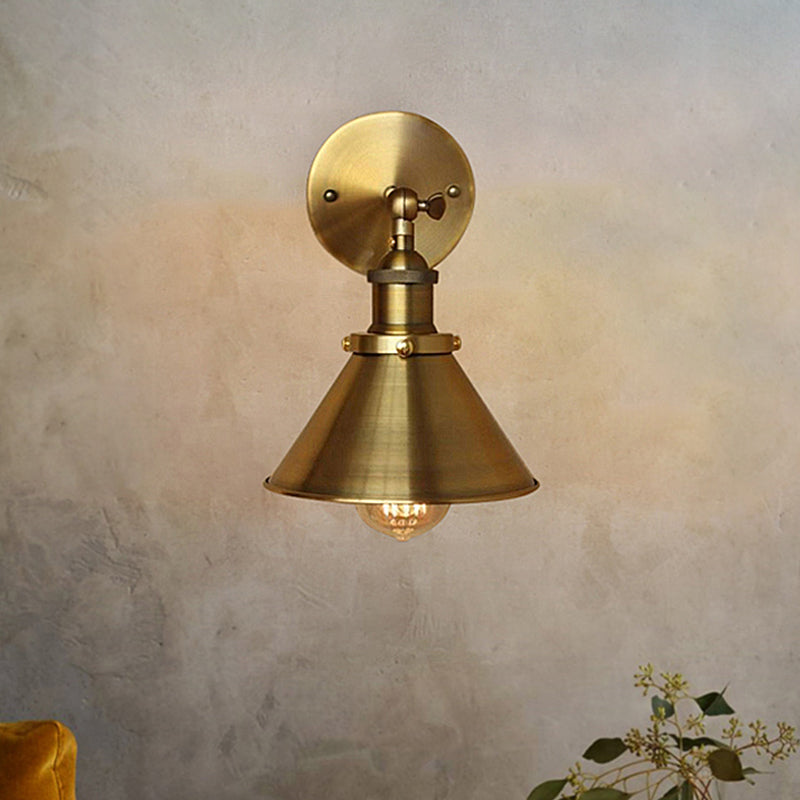 1 Bulb Sconce Wall Lighting with Conic Shade and Plug-In Cord Metal Industrial Indoor Wall Lamp in Brass