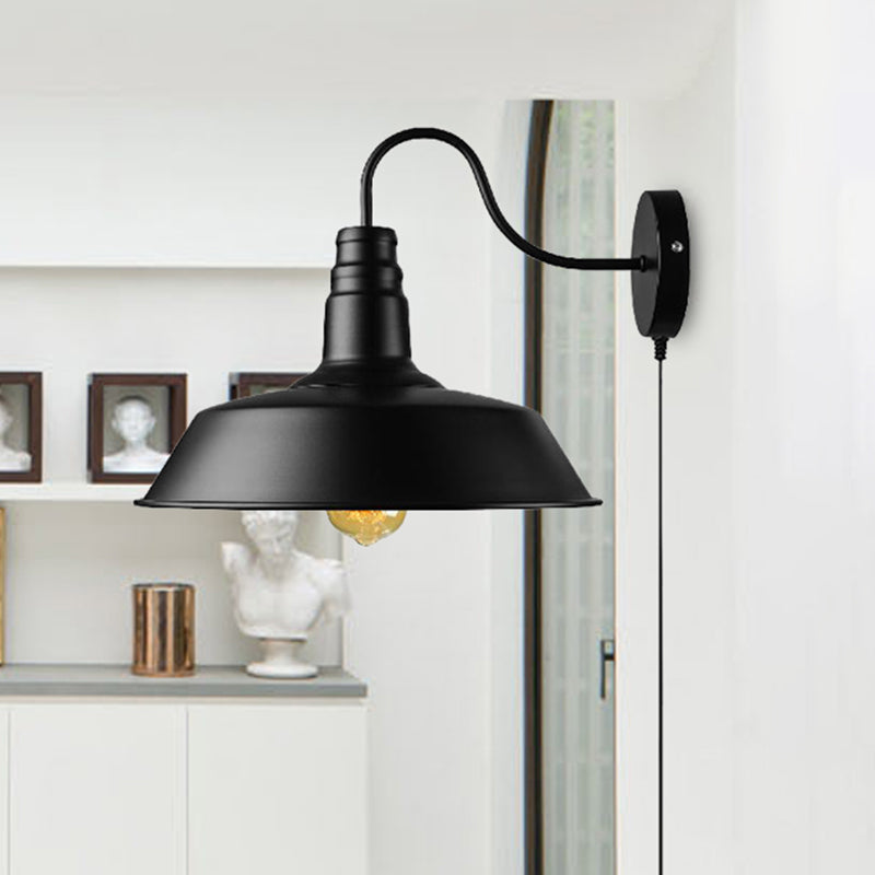 1 Head Barn Sconce Light Retro Style Black Finish Metal Wall Lamp with Plug-In Cord for Dining Room