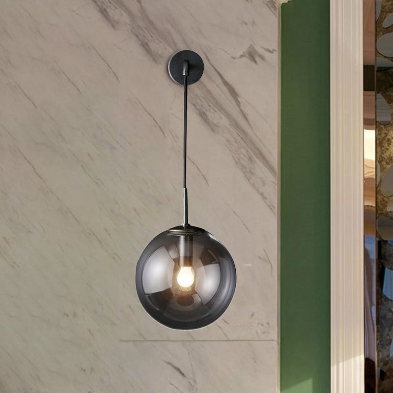 Modern Spherical Wall Lighting Fixture 1 Bulb Smoked Glass Sconce Light in Black/Brass for Living Room, 8"/10"