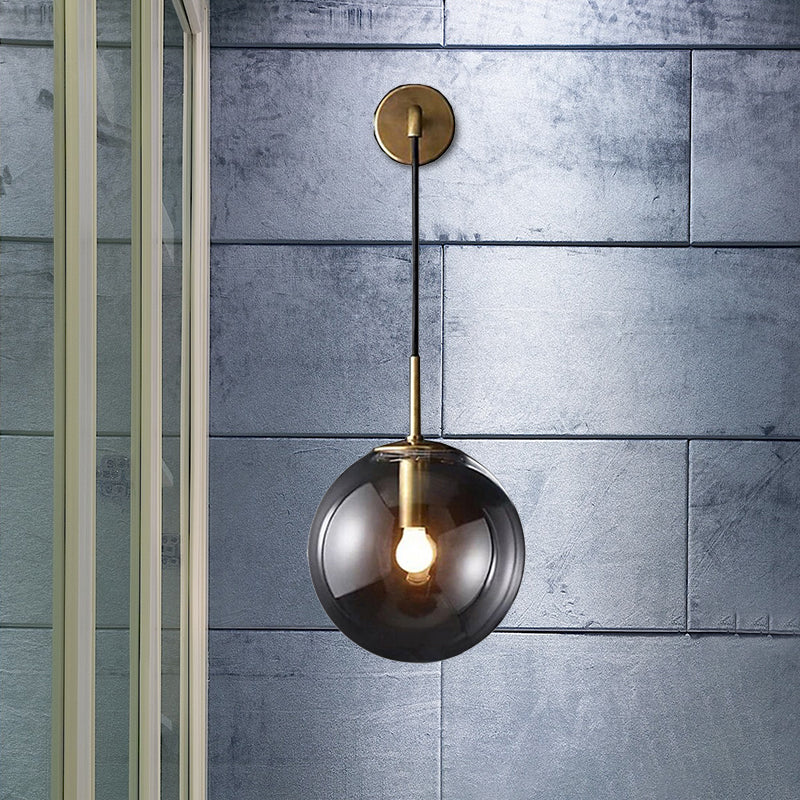 Modern Spherical Wall Lighting Fixture 1 Bulb Smoked Glass Sconce Light in Black/Brass for Living Room, 8"/10"
