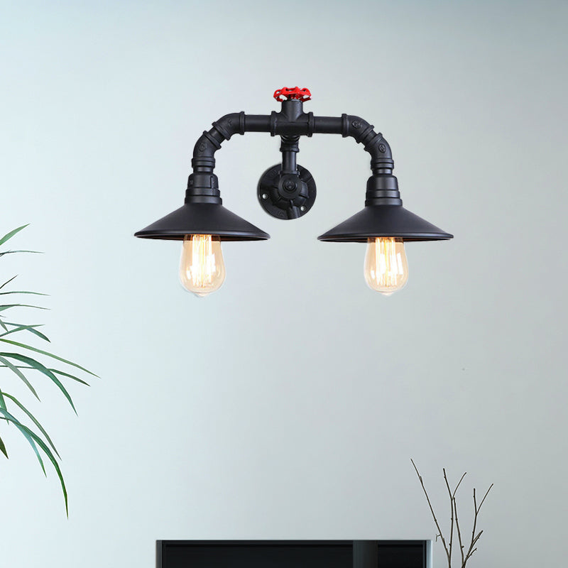 Black Plumbing Pipe Wall Lighting with Red Valve Rustic Industrial Metallic 2 Light Stairway Wall Sconce Light