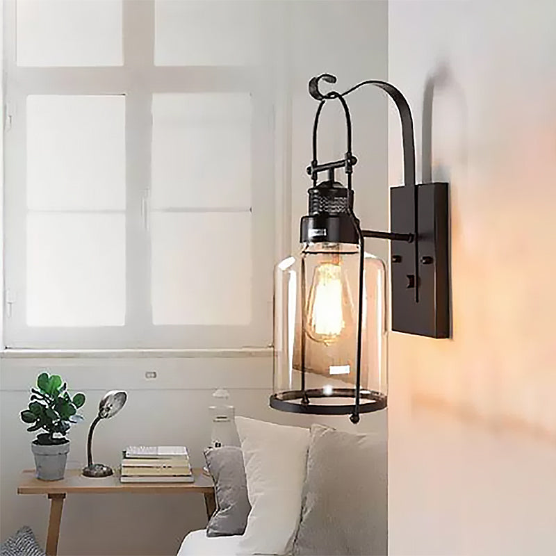 Cylinder Clear Glass Wall Mounted Lamp Industrial Single Bulb Living Room Sconce Light in Black/White/Rust with Cage
