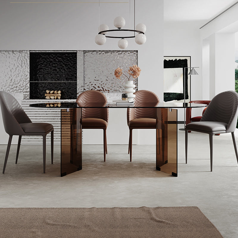 Clear Glass Contemporary Oval Table Glass Top Table with Double Pedestal