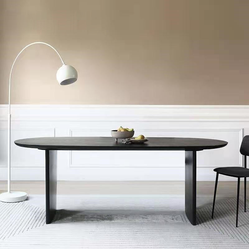 Ovaal dubbele voetstuk moderne eettafel zwarte vaste tafel met massief hout