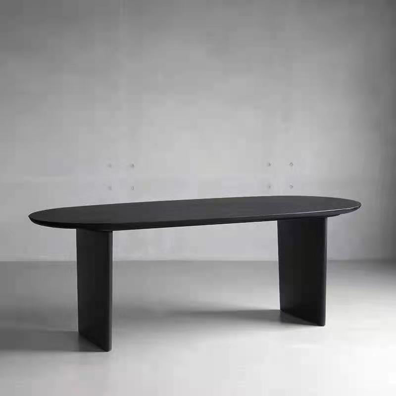 Ovaal dubbele voetstuk moderne eettafel zwarte vaste tafel met massief hout