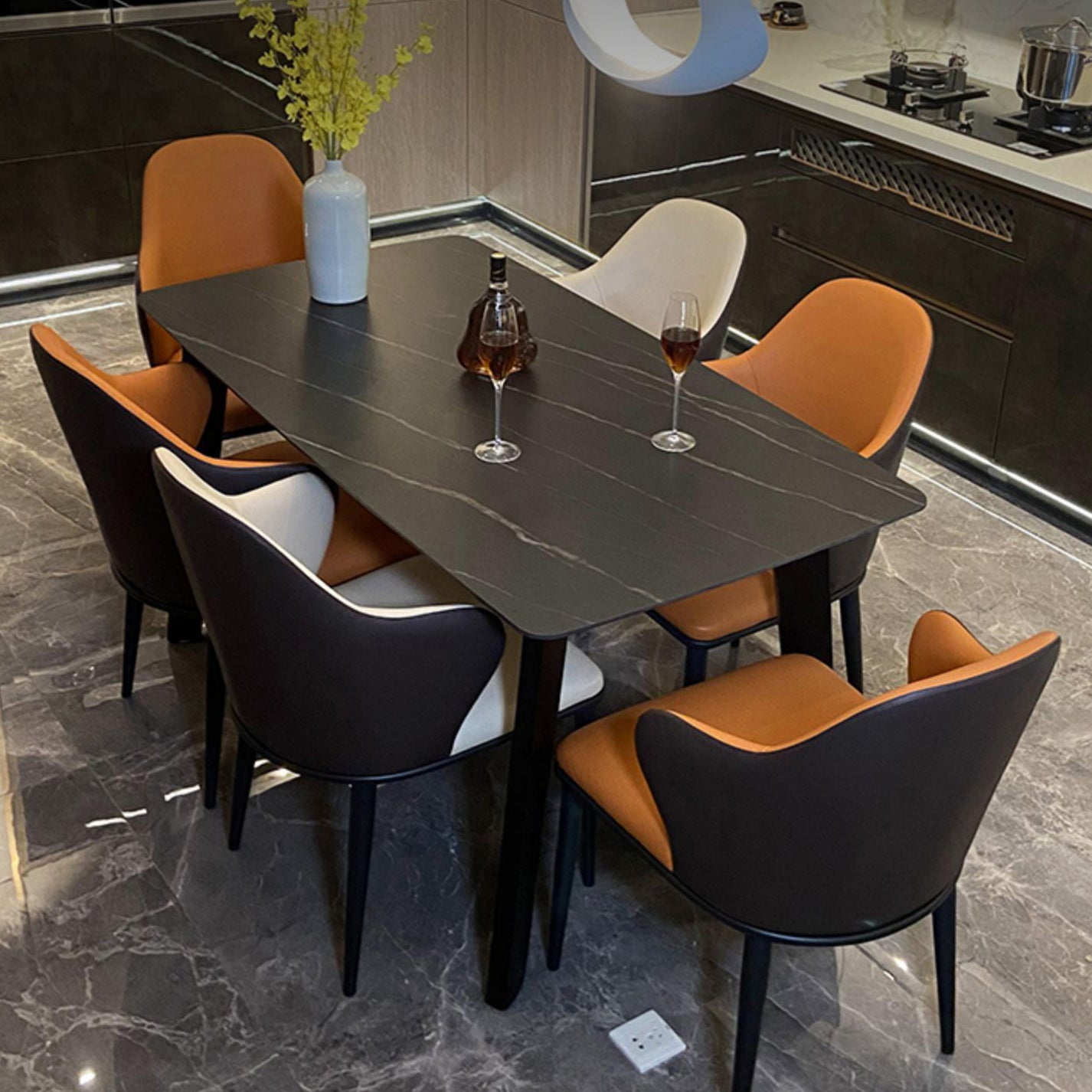 Stone Top Dining Table Rectangle Dining Table with 4 Solid Wood Legs