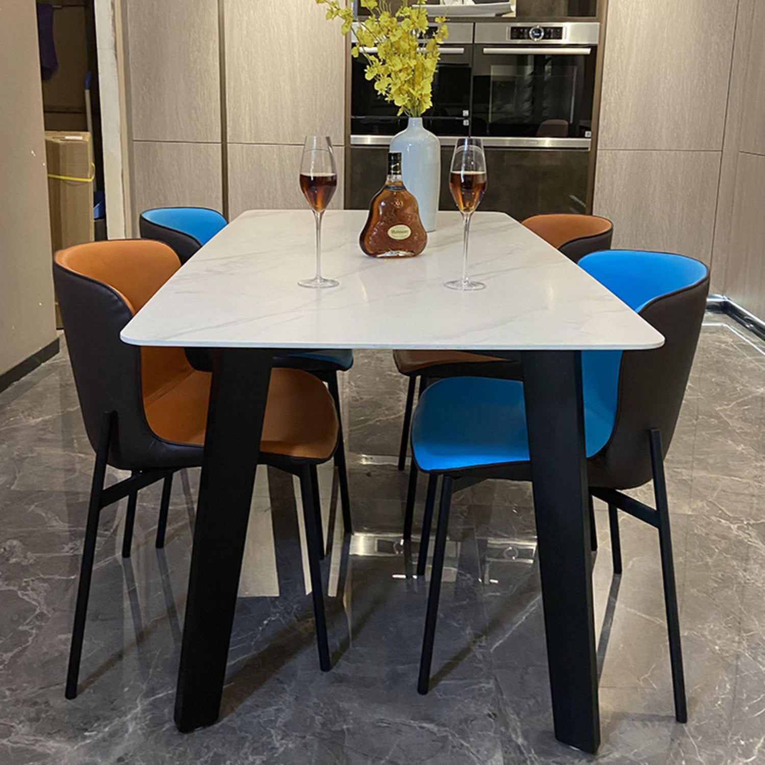 Stone Top Dining Table Rectangle Dining Table with 4 Solid Wood Legs