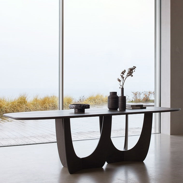 Table moderne en bois de pin pour table à manger de restaurant avec base à double piédestal