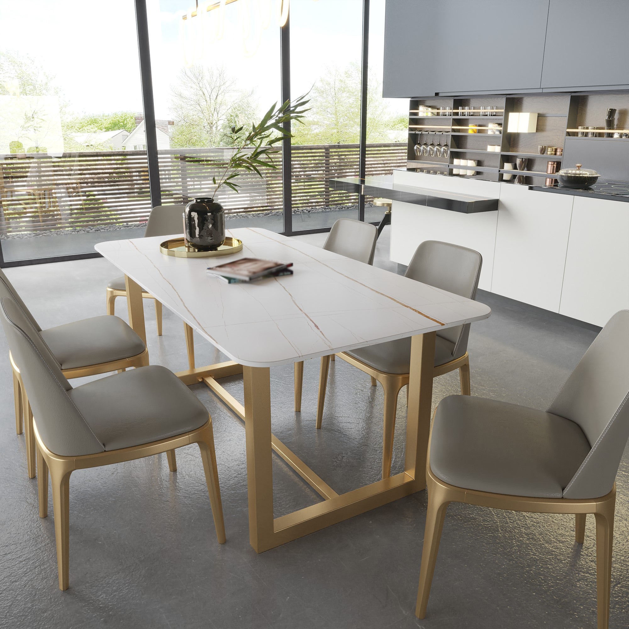 Luxury Sintered Stone Top Dining Table Rectangle Table with Trestle Base