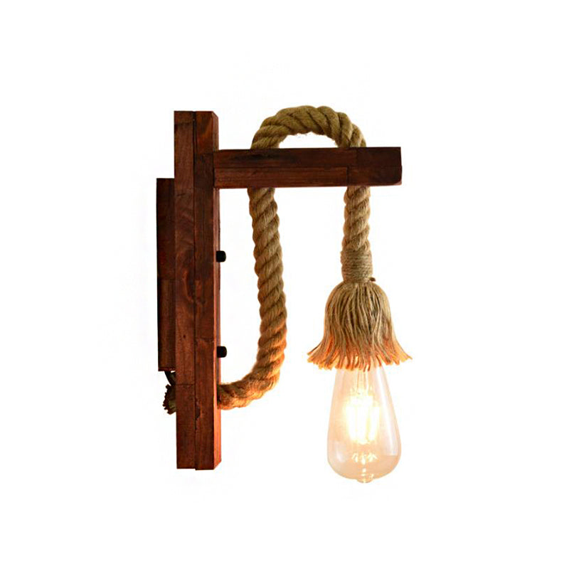 Rope Exposed Bulb Sconce Lighting Coastal 1 Light Living Room Wall Mounted Lamp in Red/Brown/Wood