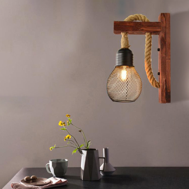 Rope Exposed Bulb Sconce Lighting Coastal 1 Light Living Room Wall Mounted Lamp in Red/Brown/Wood