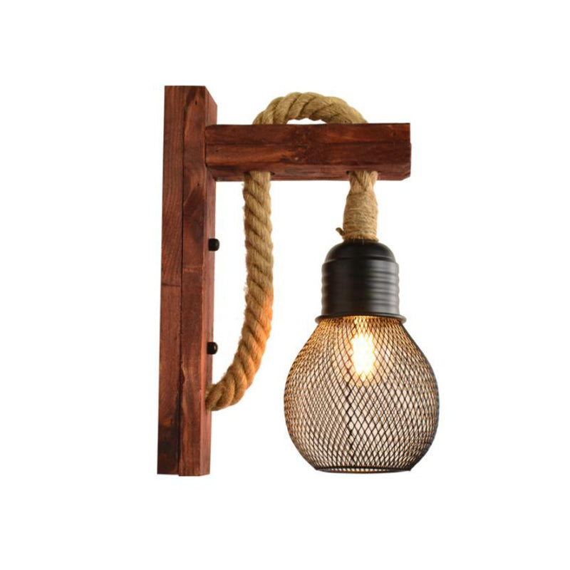 Rope Exposed Bulb Sconce Lighting Coastal 1 Light Living Room Wall Mounted Lamp in Red/Brown/Wood