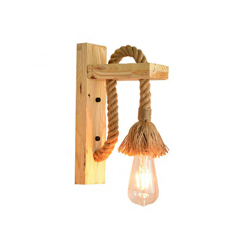 Rope Exposed Bulb Sconce Lighting Coastal 1 Light Living Room Wall Mounted Lamp in Red/Brown/Wood