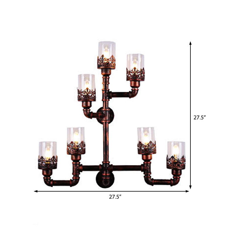 7-Bulb Wall Light with Water Pipe Shade Clear Glass Vintage Dining Room Sconce Lighting Fixture in Copper