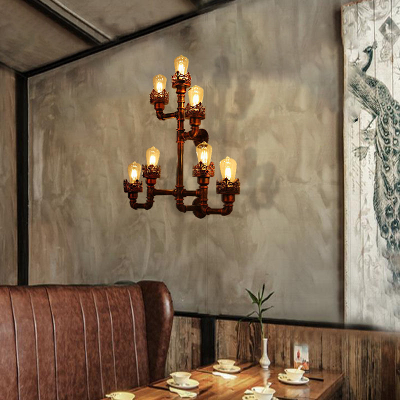 7-Bulb Wall Light with Water Pipe Shade Clear Glass Vintage Dining Room Sconce Lighting Fixture in Copper