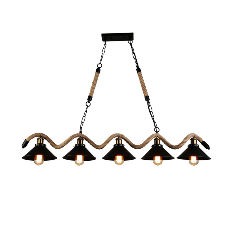 Colgante de islas negras de metal ligero de la isla industrial con cuerda natural para restaurante