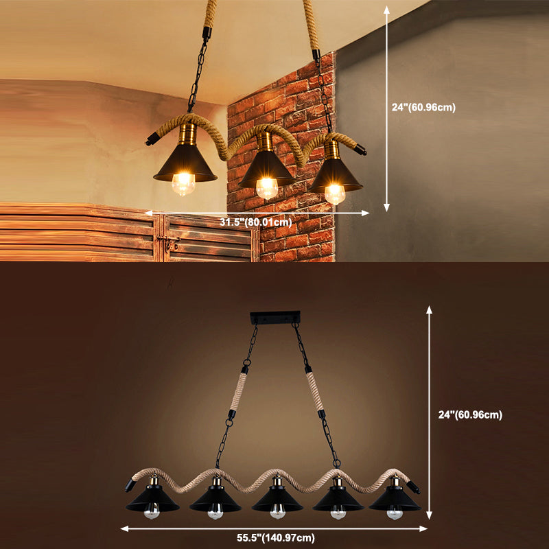 Colgante de islas negras de metal ligero de la isla industrial con cuerda natural para restaurante