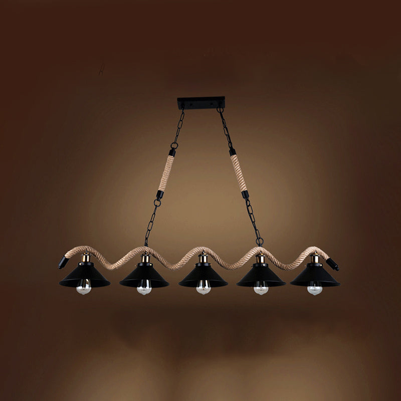 Colgante de islas negras de metal ligero de la isla industrial con cuerda natural para restaurante