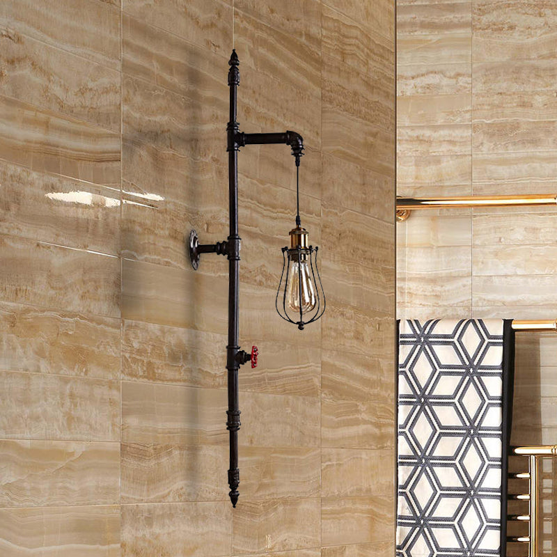Mur de garde métallique élégant rustique Lumière suspendue avec une pipe à eau 1 lumière en fer, application murale en noir pour le salon