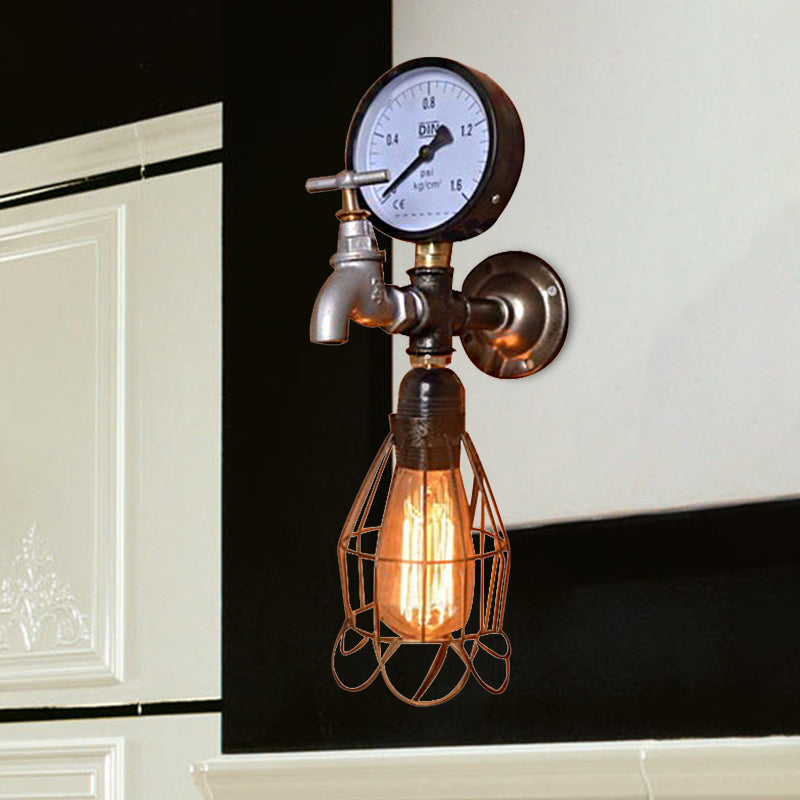 Industrial Diamond Cage Wall Lamp 1 Light Wrought Iron Wall Lighting with Gauge and Faucet in Silver/Blue