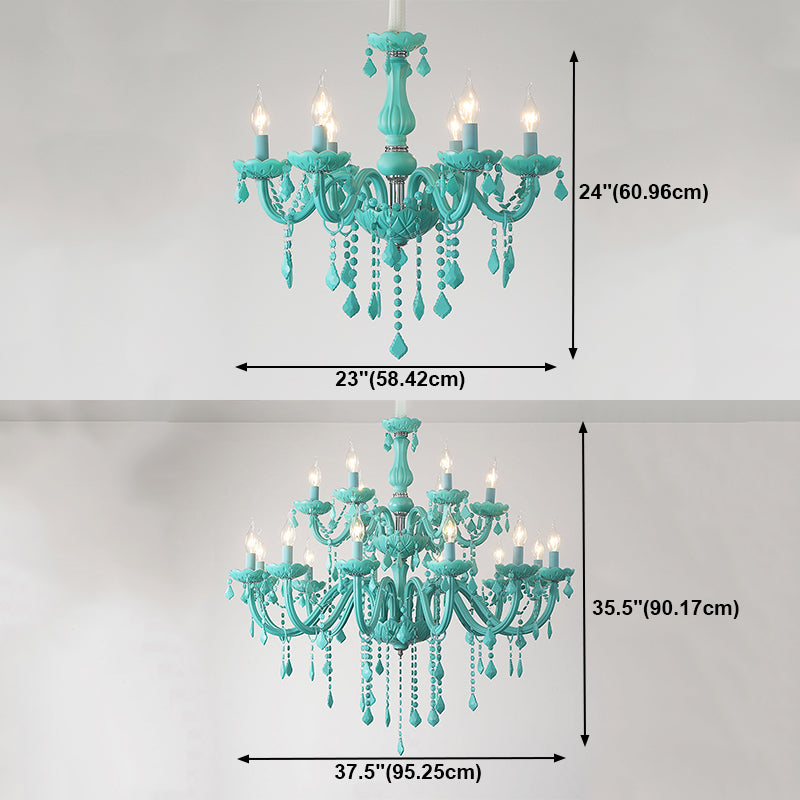 Multi Light Candle Branch Hanging Pendant Modern Style Crystal Hanging Lighting in Green