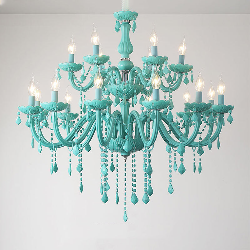 Multi Light Candle Branch Hanging Pendant Modern Style Crystal Hanging Lighting in Green