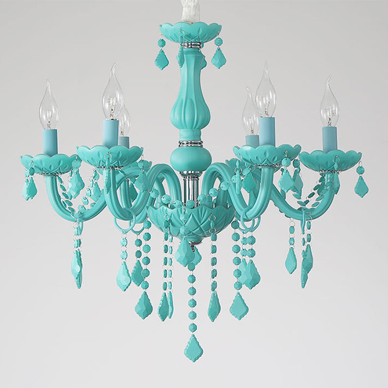 Multi Light Candle Branch Hanging Pendant Modern Style Crystal Hanging Lighting in Green