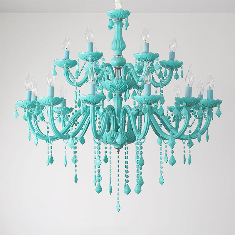 Multi Light Candle Branch Hanging Pendant Modern Style Crystal Hanging Lighting in Green