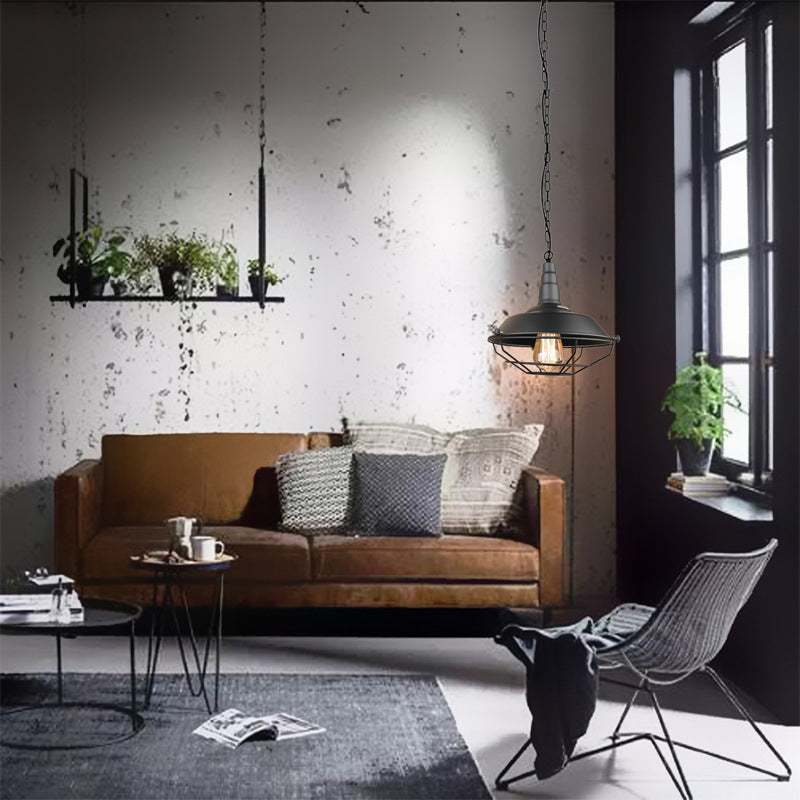 Industrial Style Dining Room Pendant Light Metal Barn Shade Hanging Lamp with Cage