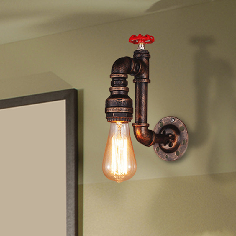 Rustic Style Piped Wall Sconce with Valve Wheel 1 Bulb Wrought Iron Wall Mounted Light in Bronze