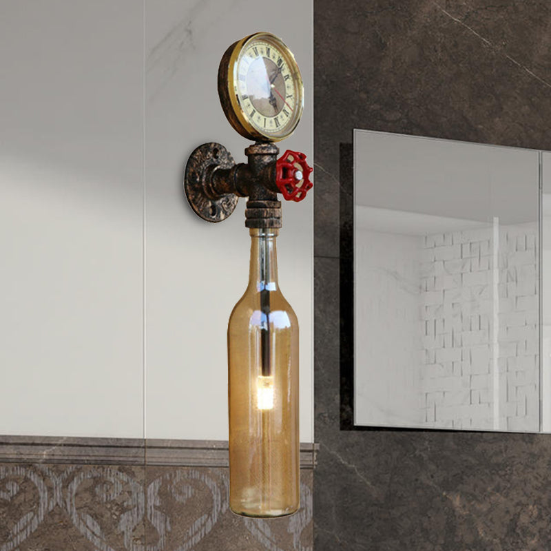 Brown/Blue Bottle Wall Sconce Lamp Vintage Stylish Glass 1 Bulb Living Room Wall Lighting with Gauge and Valve