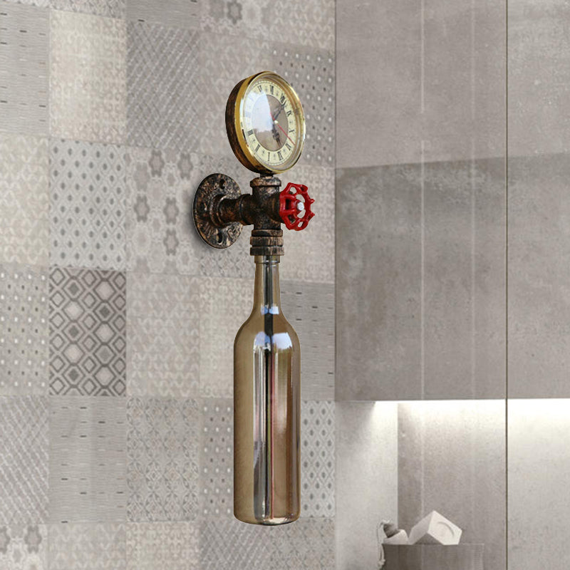 Brown/Blue Bottle Wall Sconce Lamp Vintage Stylish Glass 1 Bulb Living Room Wall Lighting with Gauge and Valve
