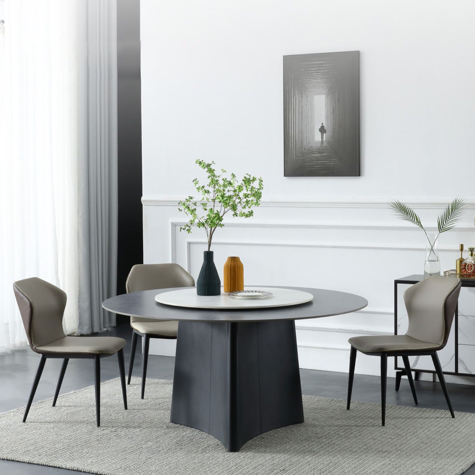 Contemporary Round Stone Standard Height Table Dining Table with Pedestal Base