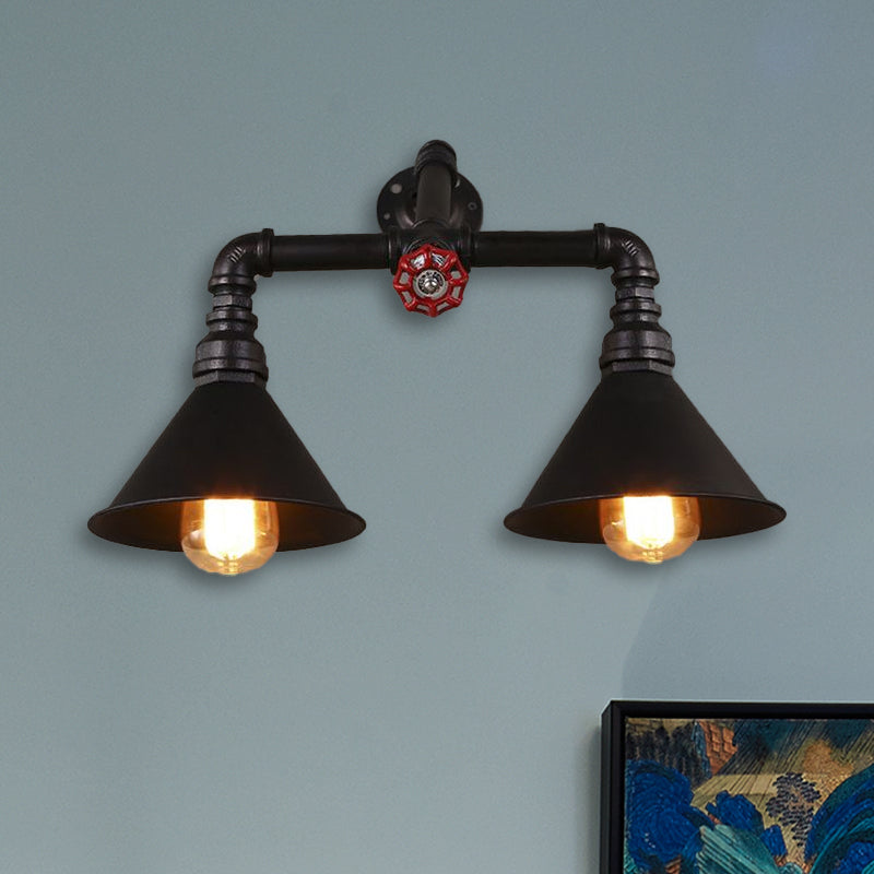 Vintage -Style -Kegelwandlampe mit Wasserrohr 2 Lichter Metallische Wandleuchte in Schwarz, 14,5/18,5 "Breite