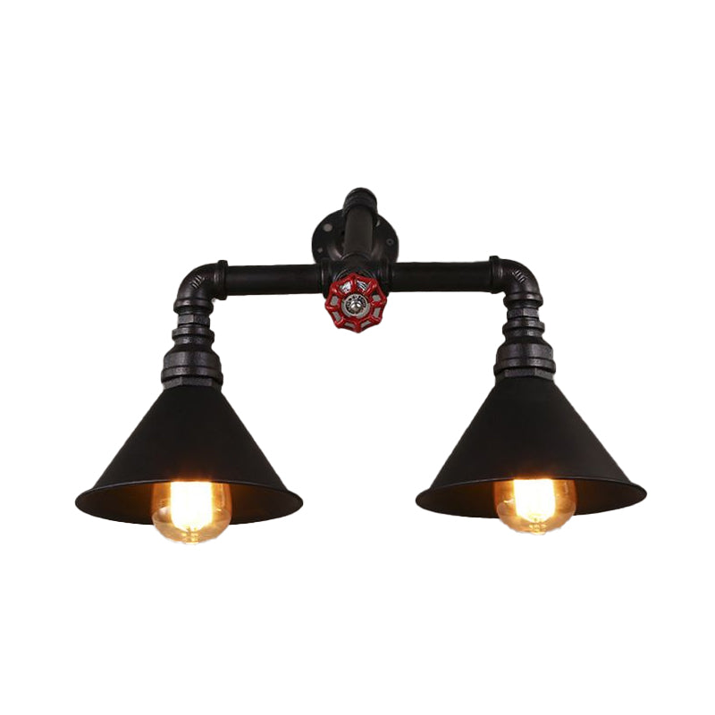 Vintage -Style -Kegelwandlampe mit Wasserrohr 2 Lichter Metallische Wandleuchte in Schwarz, 14,5/18,5 "Breite