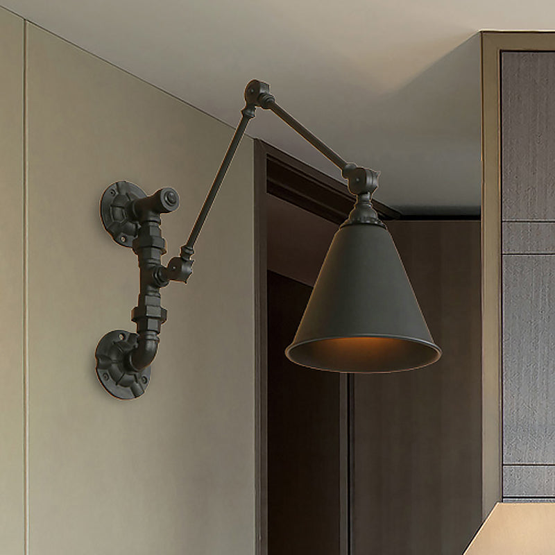 Lámpara de apliques de pared del brazo de la columpio industrial 1 lámpara de pared de metal claro con sombra cónica en negro para la sala de estudio