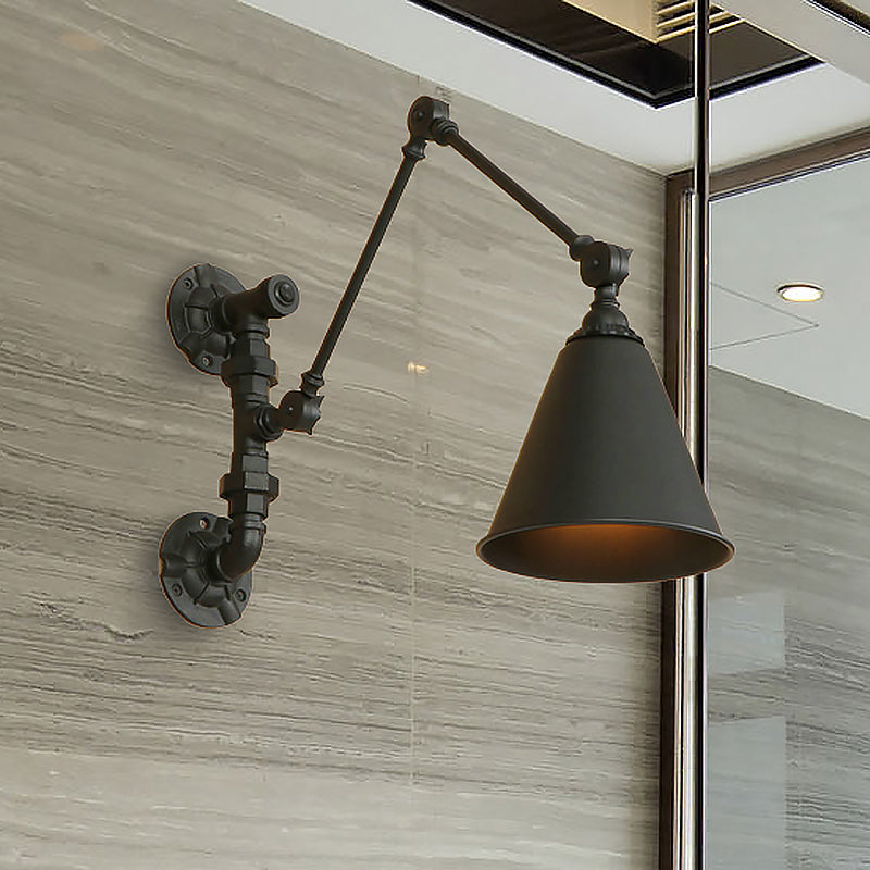 1 Bulb Swing Arm Wall Sconce Lighting Industrial Black Metal Wall Mount Light with Cone Shade