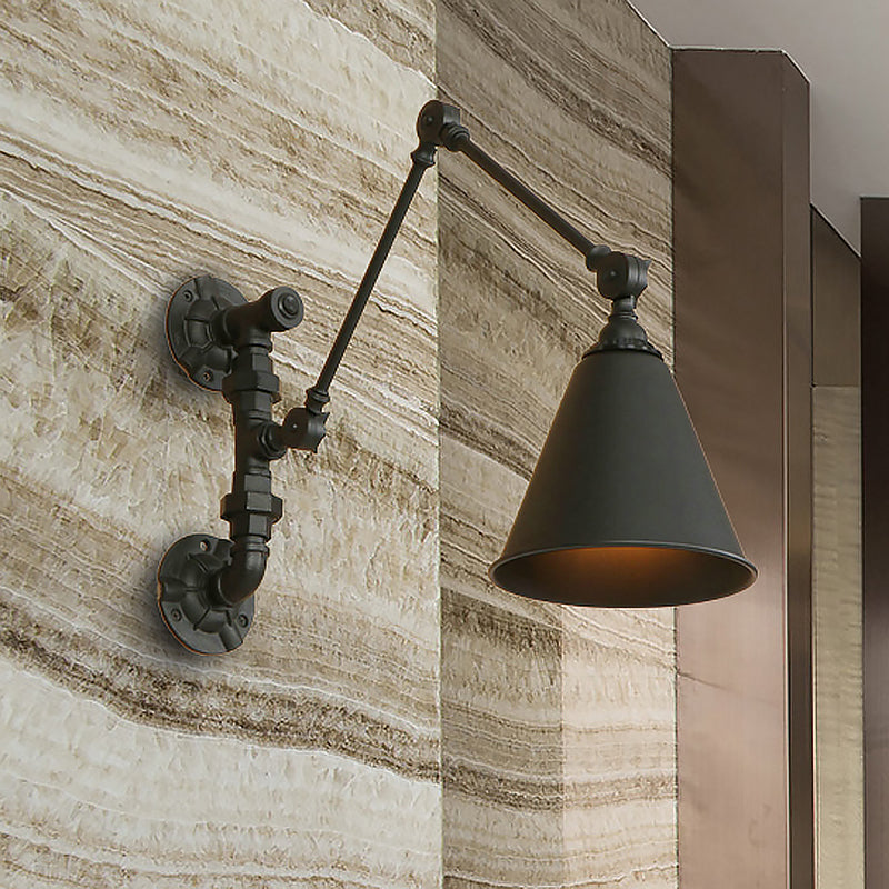 1 Bulb Swing Arm Wall Sconce Lighting Industrial Black Metal Wall Mount Light with Cone Shade