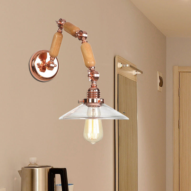 Konische klare Glaswandmontierte Lampe Vintage Einer Glühbirnen Wohnzimmer Leuchte in Roségold mit Arm