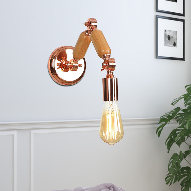 Iluminación de apliques armado de madera con bulbo desnudo de metal industrial 1 cabezal de la sala de estar luz de pared en oro rosa