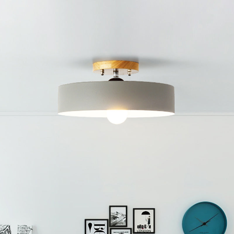 Drum Semi Mount Lighting Modernist Metal 1 Light 12" W Gray/White/Red/Pink Ceiling Mounted Fixture for Living Room